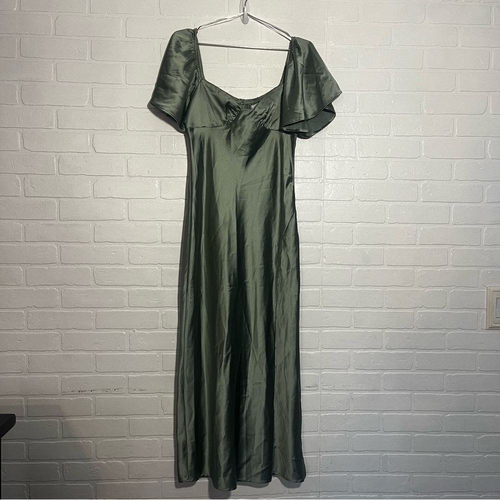 Billy J Womens Sophina Maxi Dress with Slit Olive Green Satin Dress Size 10 NWT